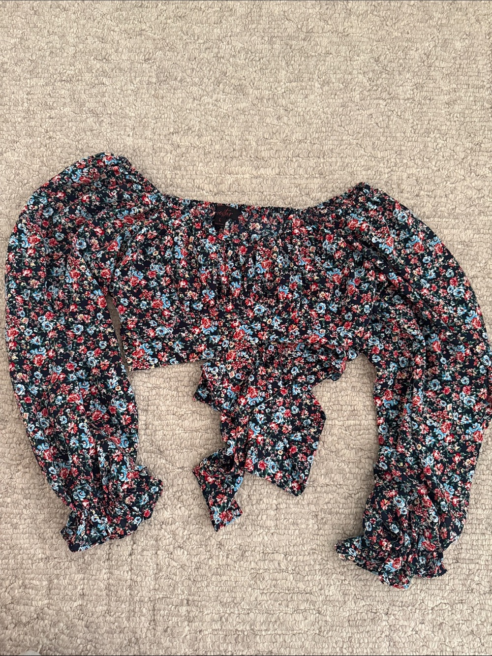 Floral Tie-Front Puff-Sleeve Crop Top - Black Multi